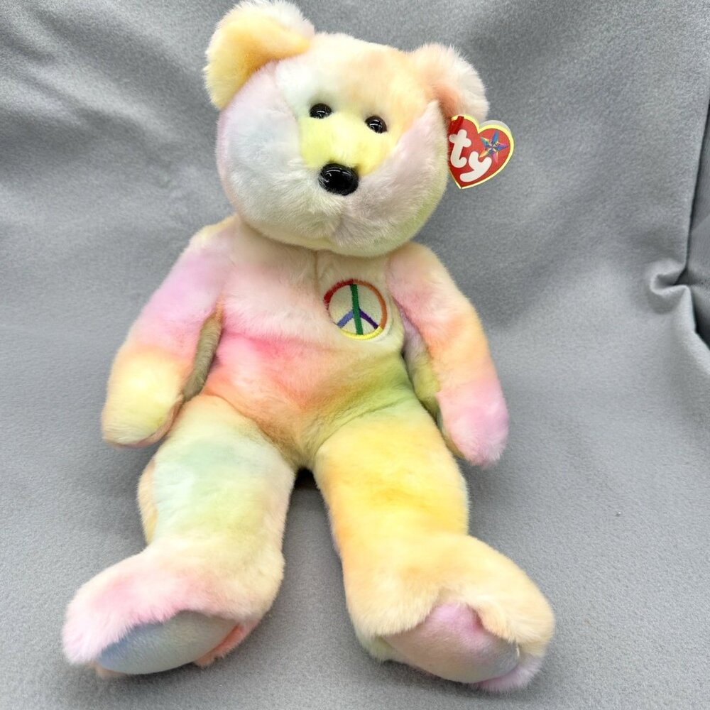 Vintage TY Beanie Buddies Peace Bear Tie Dye Pastel 1999 Embroidered Emblem 14"